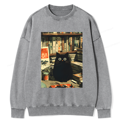 Pagewings Vintage Cat Book Lovers Unisex Washed Sweatshirt