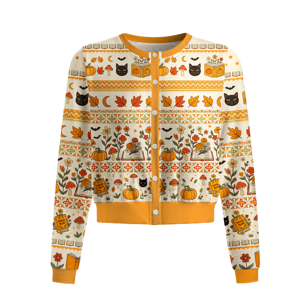 Pagewings Halloween Bookish Crew Neck Cardigan Sweaters