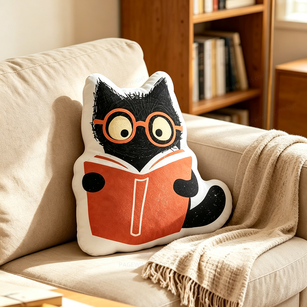 Pagewings Reading Cat Shaped Throw Pillow