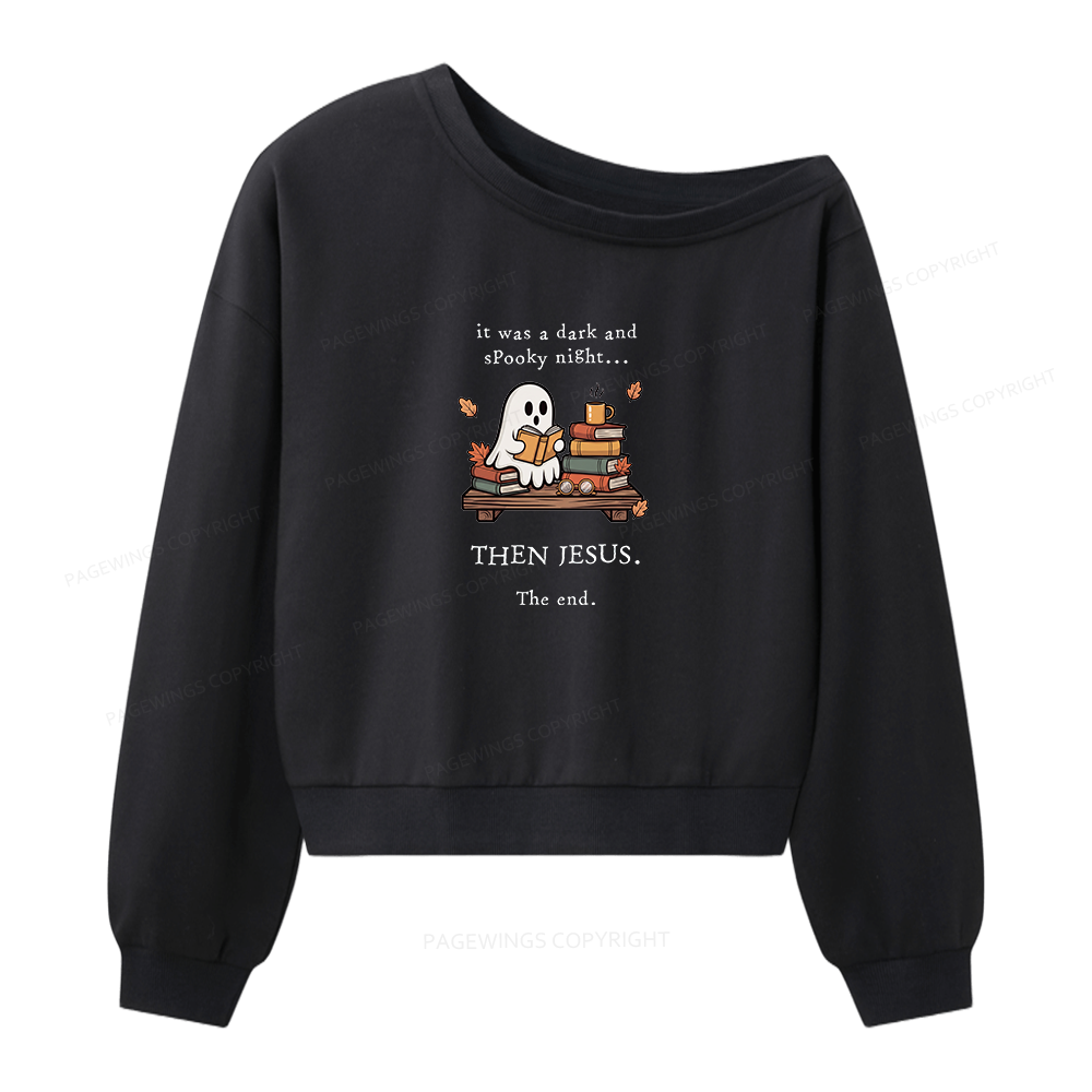 Pagewings Funny Fall Reading Ghost Women Off Shoulder Sweatshirt