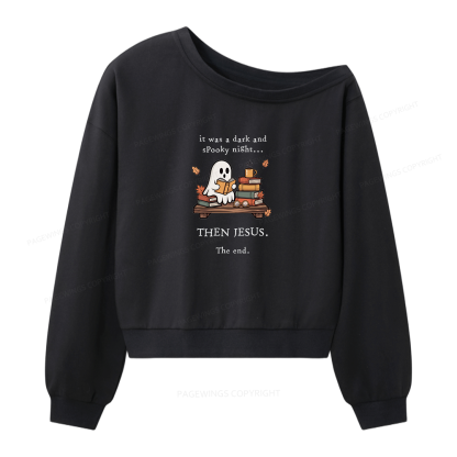 Pagewings Funny Fall Reading Ghost Women Off Shoulder Sweatshirt