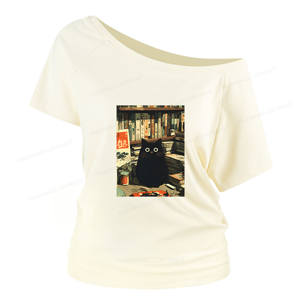 Pagewings Vintage Cat Book Lovers Women Off Shoulder T-shirts