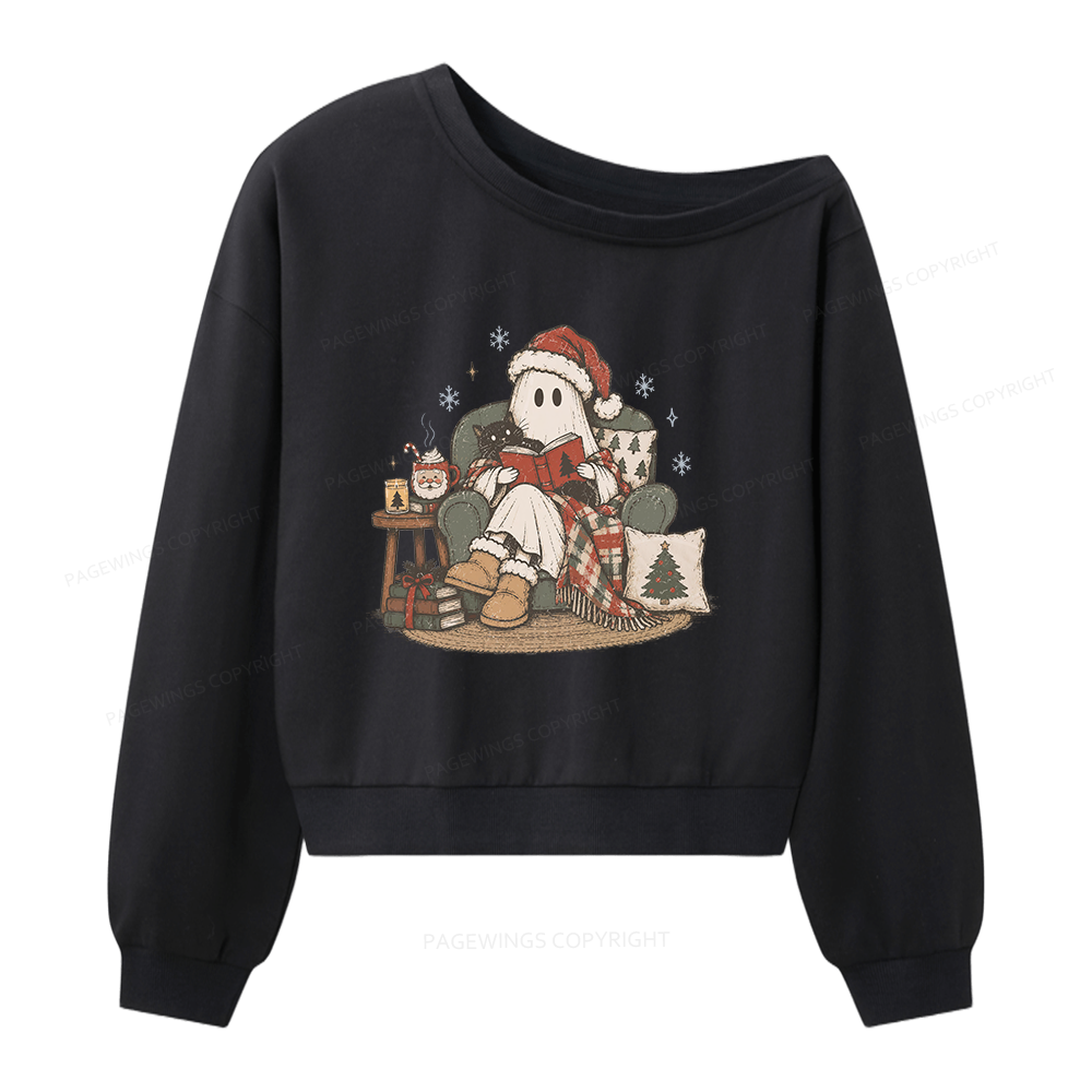 Pagewings Christmas Ghost Reading Women Off Shoulder Sweatshirt