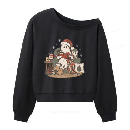 Pagewings Christmas Ghost Reading Women Off Shoulder Sweatshirt
