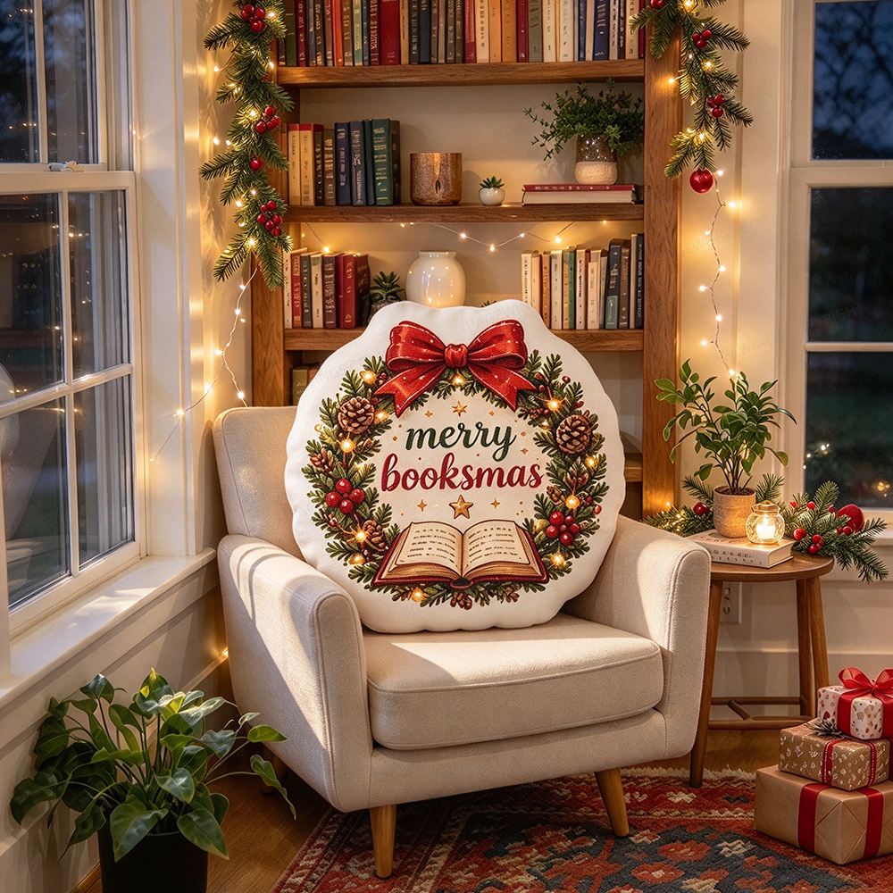 Pagewings Merry Booksmas Shaped Throw Pillow