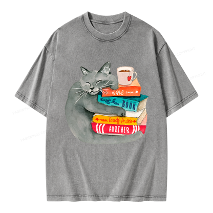 Pagewings Book Lover Cat Unisex Washed T-shirt