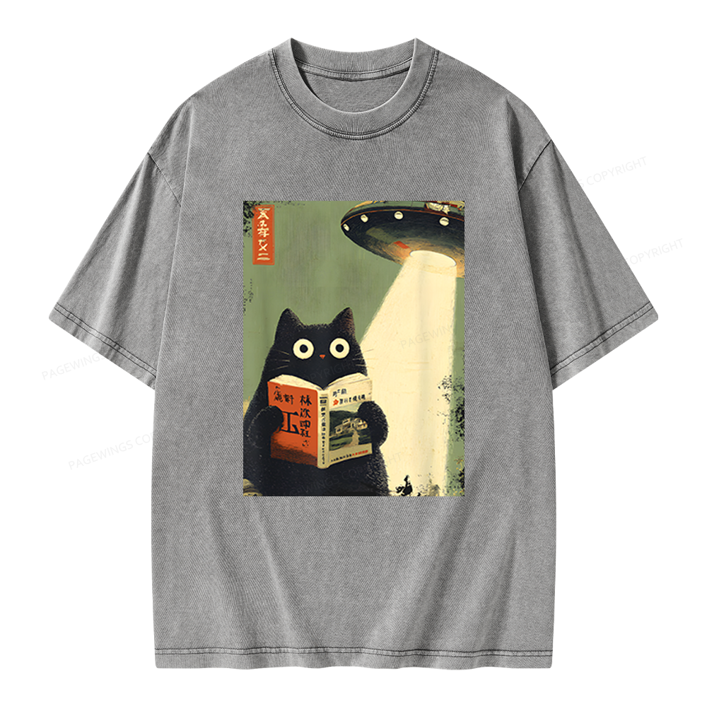 Pagewings Vintage Cat Book Lovers Unisex Washed T-shirt