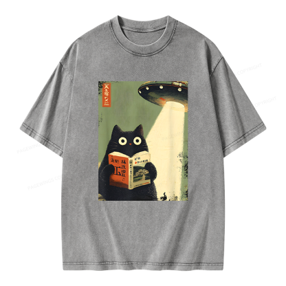 Pagewings Vintage Cat Book Lovers Unisex Washed T-shirt
