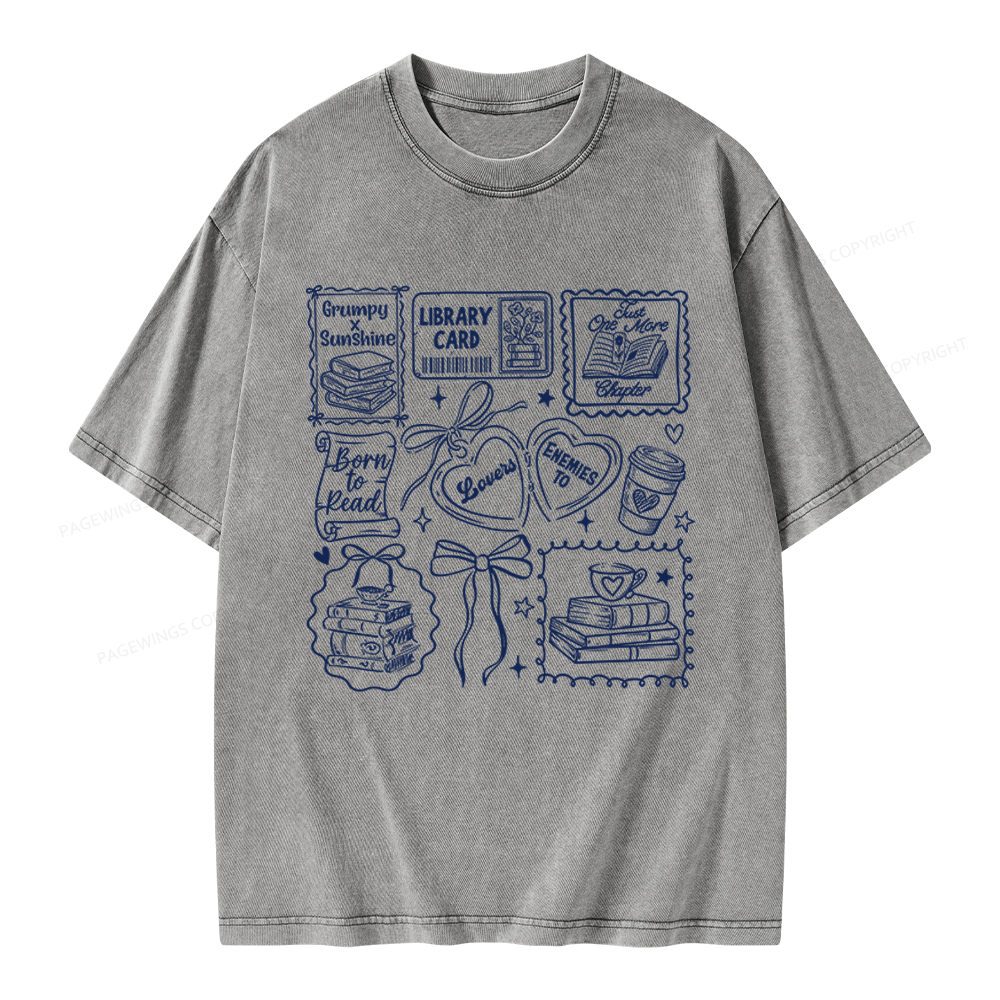 Pagewings Retro Book And Coffee Unisex Washed T-shirt