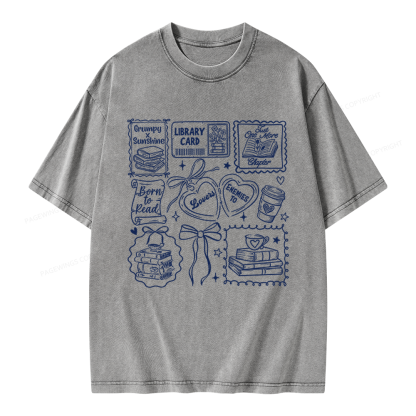 Pagewings Retro Book And Coffee Unisex Washed T-shirt