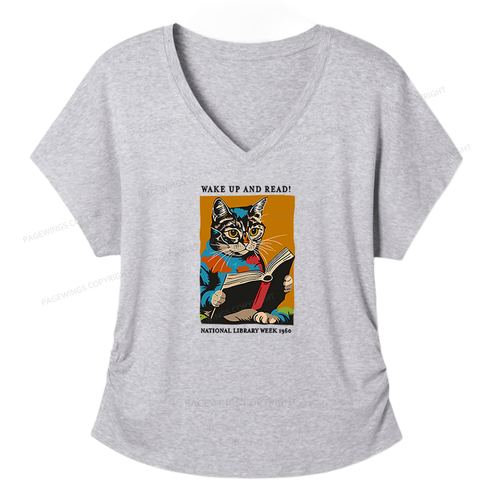 Pagewings Cat Reading Poster Soft Women's Modal V-neck T-shirt