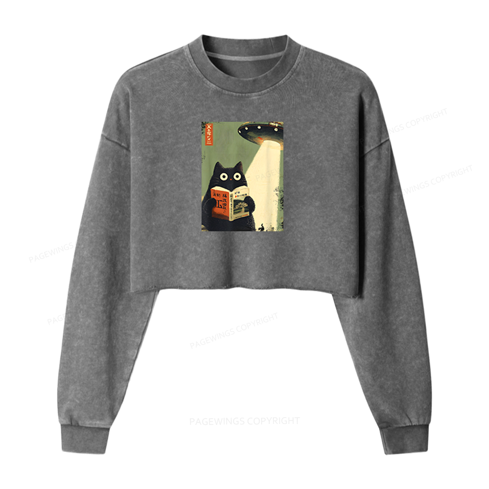 Pagewings Vintage Cat Book Lovers Washed Crop Sweatshirt