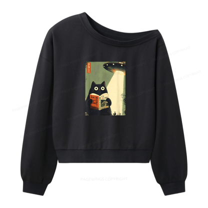 Pagewings Vintage Cat Book Lovers Women Off Shoulder Sweatshirt
