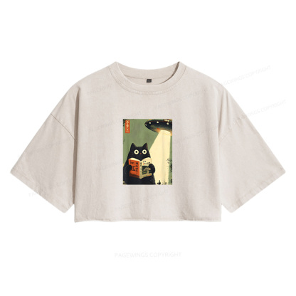 Pagewings Vintage Cat Book Lovers Women's Washed Cropped T-shirt