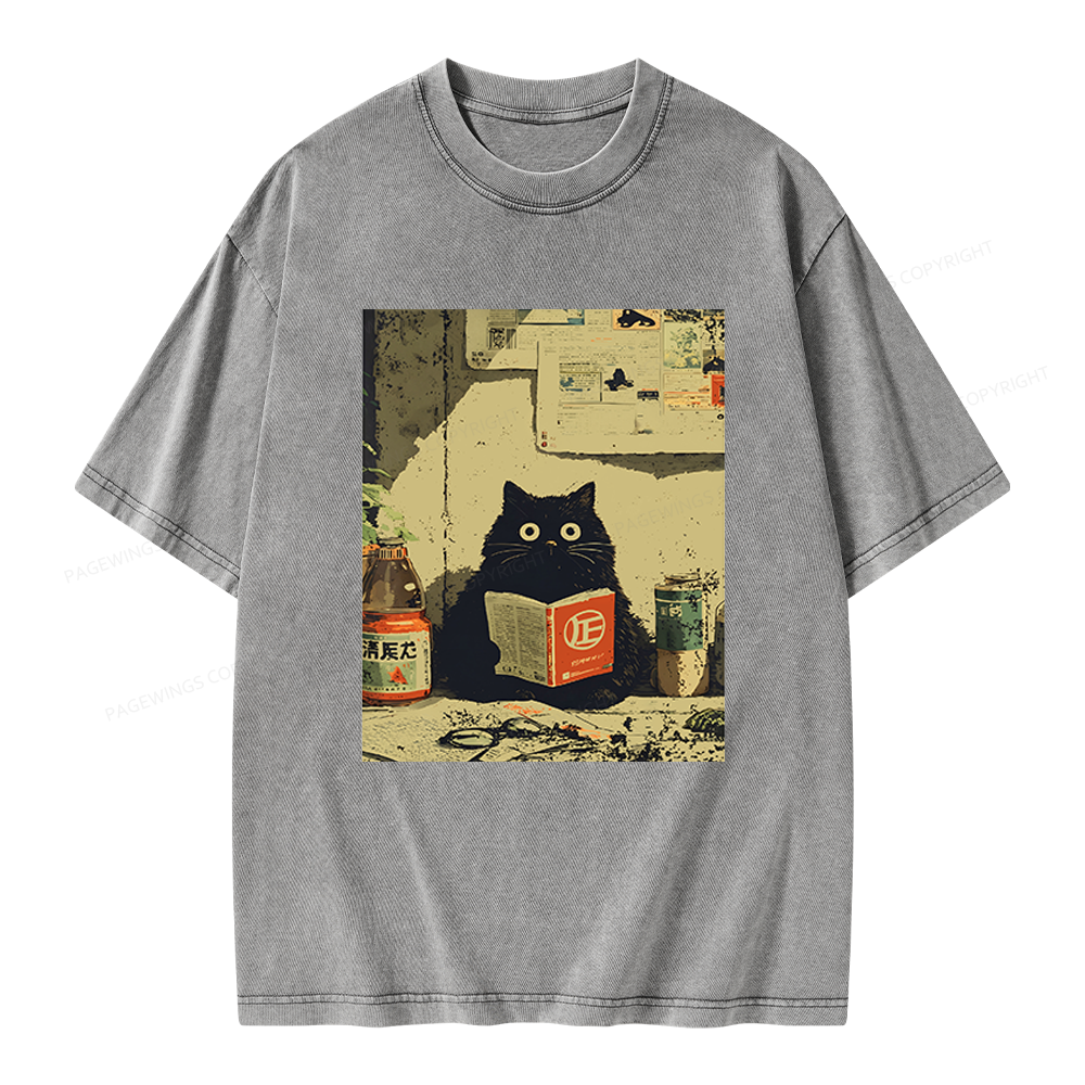 Pagewings Vintage Cat Book Unisex Washed T-shirt