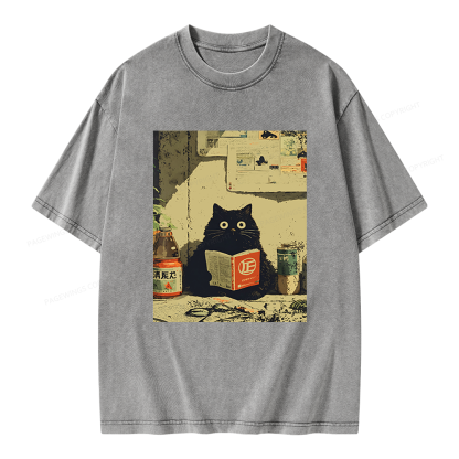 Pagewings Vintage Cat Book Unisex Washed T-shirt