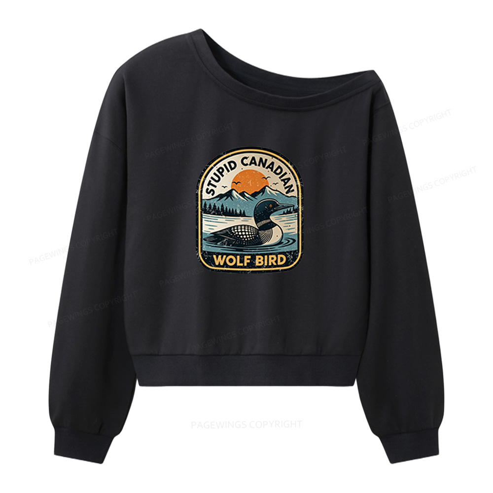 Pagewings Stupid Canadian Wolf Bird Women Off Shoulder Sweatshirt