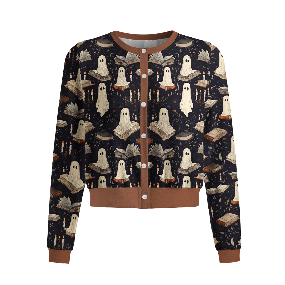 Pagewings Ghosts Love Reading Crew Neck Cardigan Sweaters