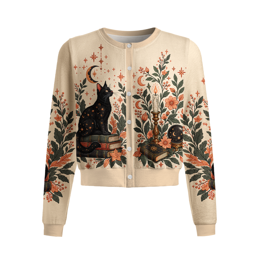 Pagewings Cat Book Lover Crew Neck Cardigan Sweaters