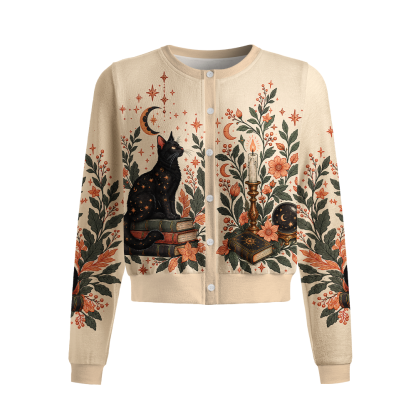 Pagewings Cat Book Lover Crew Neck Cardigan Sweaters