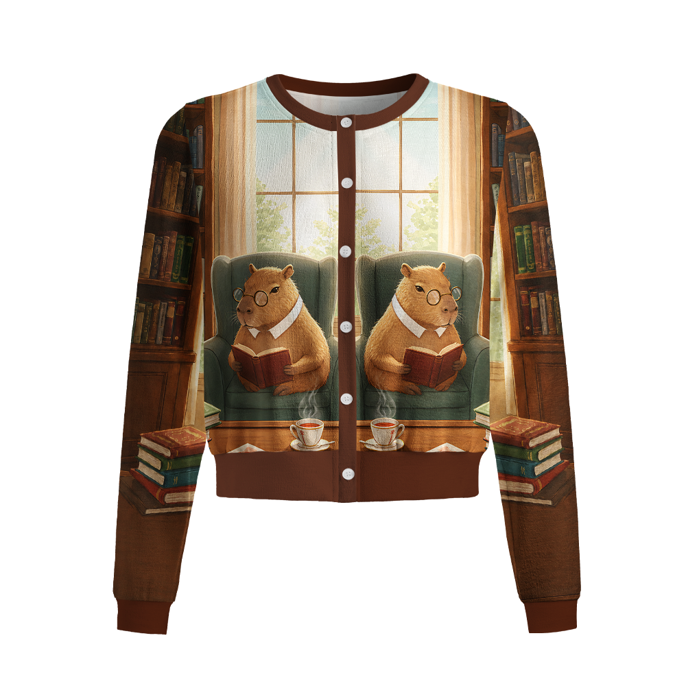 Pagewings Capybara Reading Crew Neck Cardigan Sweaters