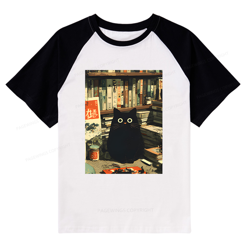 Pagewings Vintage Japanese Cat Book Lovers Raglan T-shirt