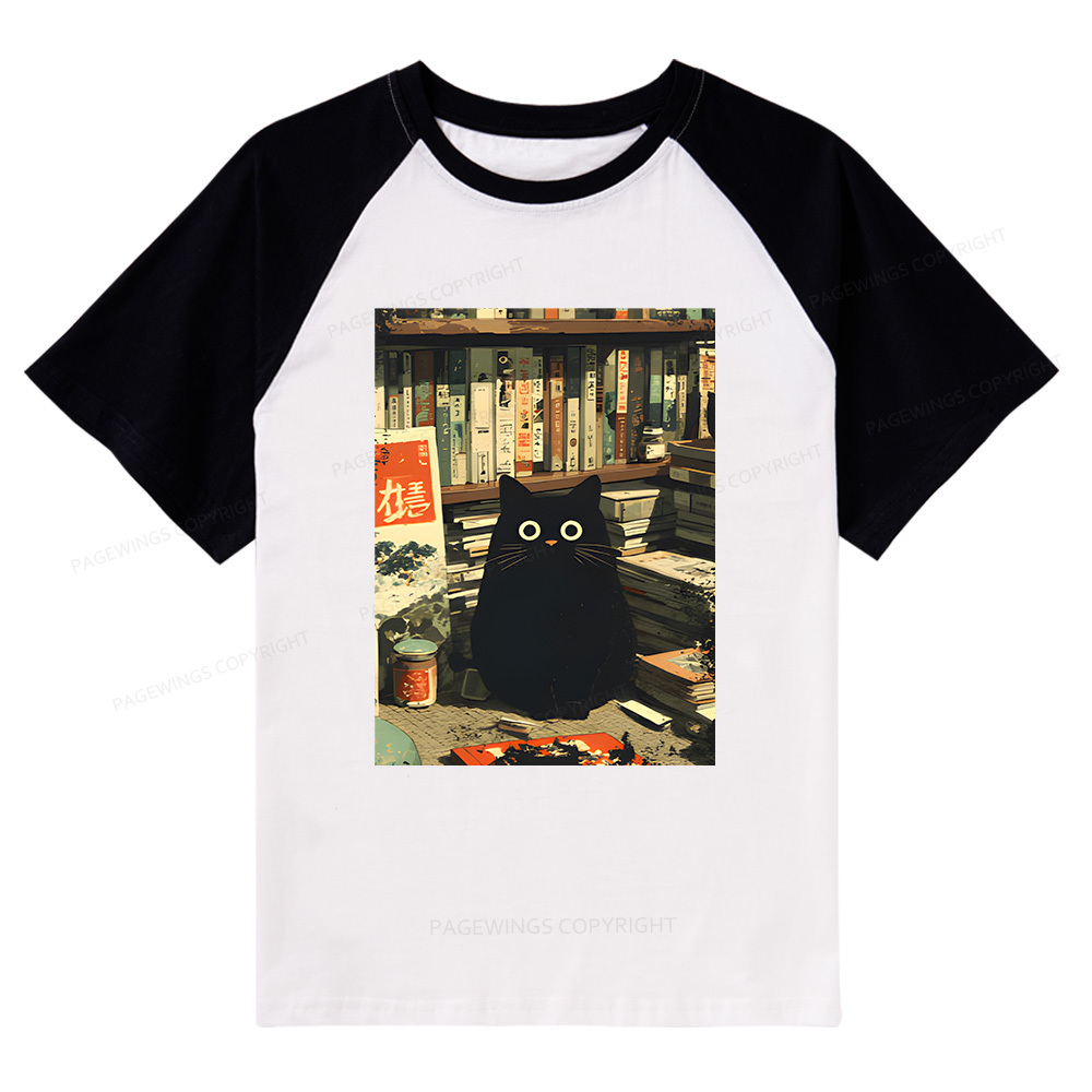 Pagewings Vintage Japanese Cat Book Lovers Raglan T-shirt