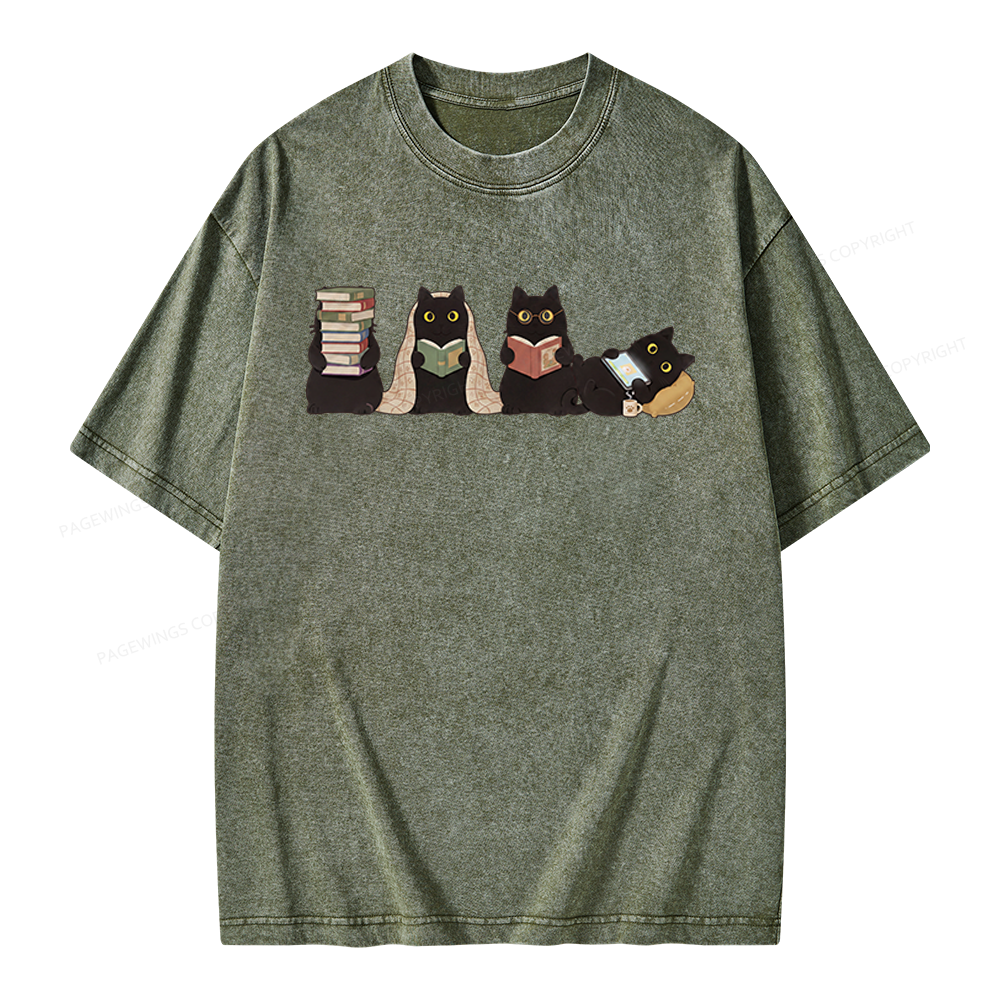 Pagewings Black Cats Reading Unisex Washed T-shirt