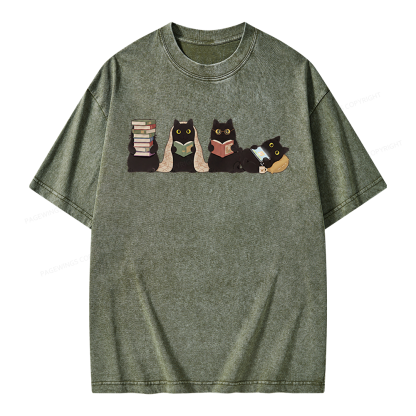 Pagewings Black Cats Reading Unisex Washed T-shirt