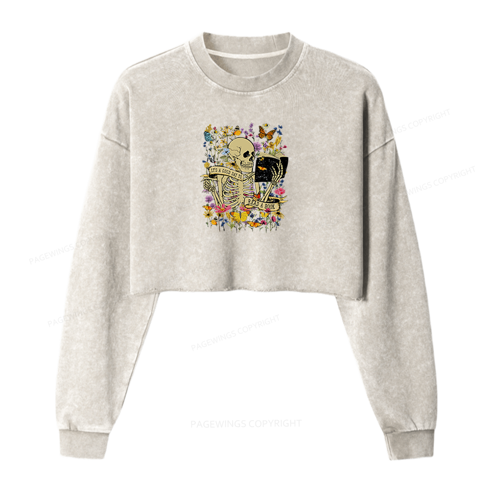 Pagewings Skull Skeleton Reading Book Washed Crop Sweatshirt