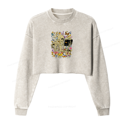 Pagewings Skull Skeleton Reading Book Washed Crop Sweatshirt