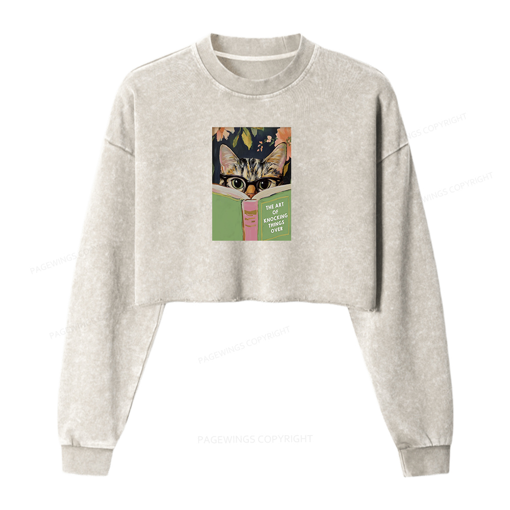 Pagewings Cat Reading Washed Crop Sweatshirt