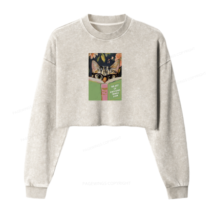 Pagewings Cat Reading Washed Crop Sweatshirt