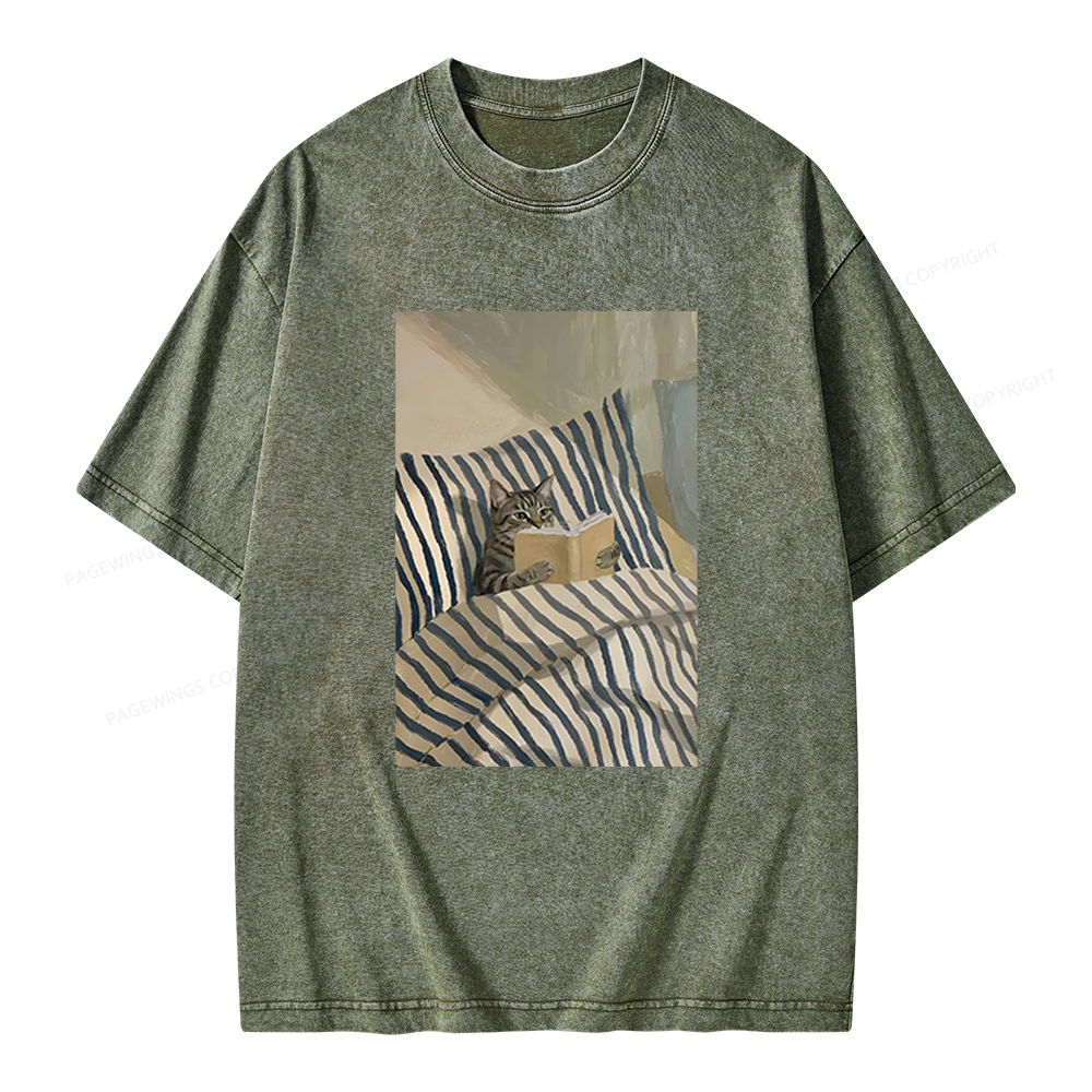 Pagewings Cat Reading Book In Bed Unisex Washed T-shirt