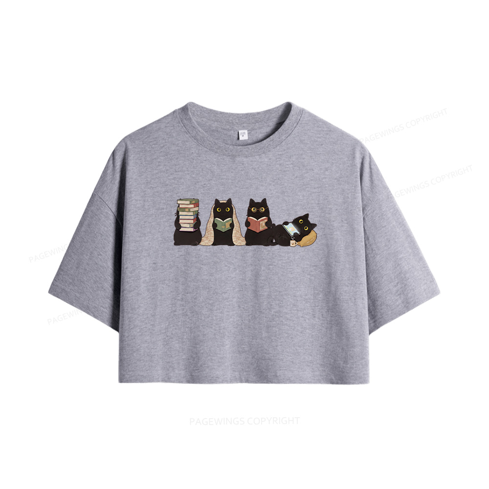 Pagewings Black Cats Reading Women Crop Tops