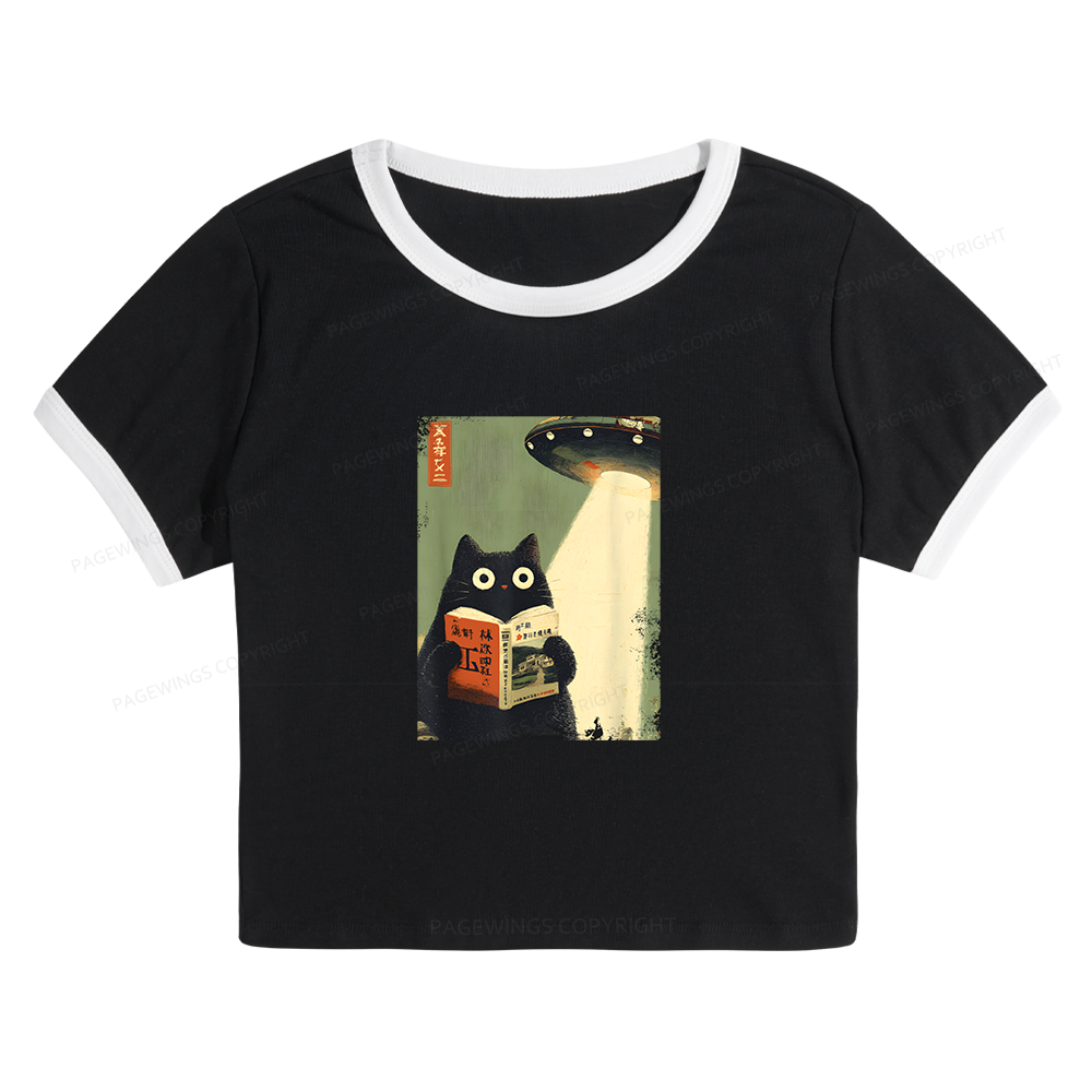 Pagewings Vintage Cat Book Lovers Baby Tee Crop Ringer T-Shirt