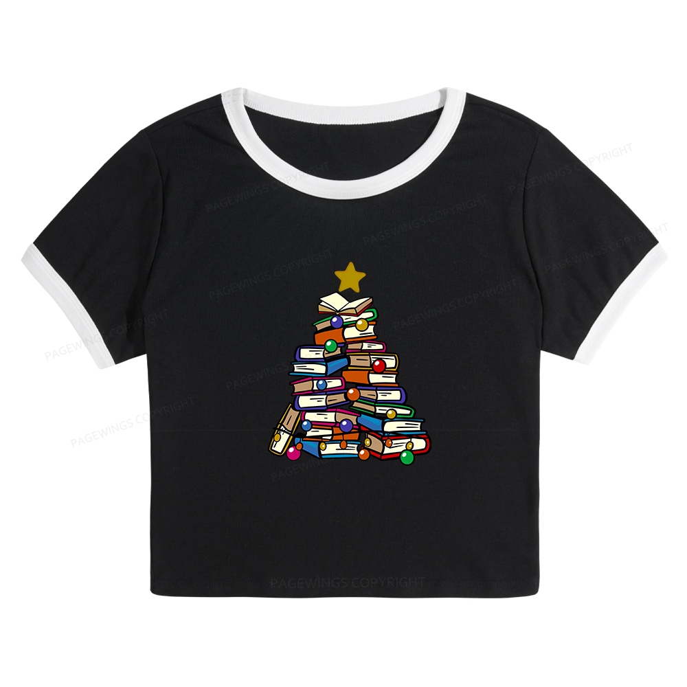 Pagewings Christmas Tree Bookworm Baby Tee Cropped Ringer T-Shirt 