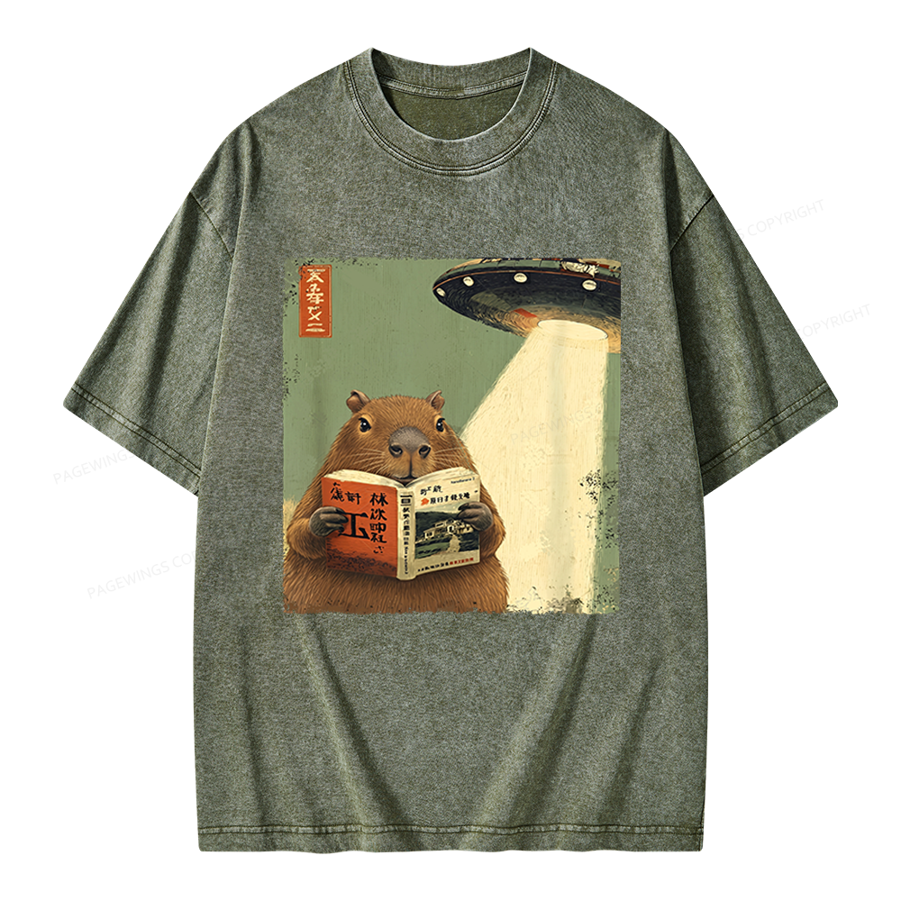 Pagewings Capybara Book Lovers Unisex Washed T-shirt