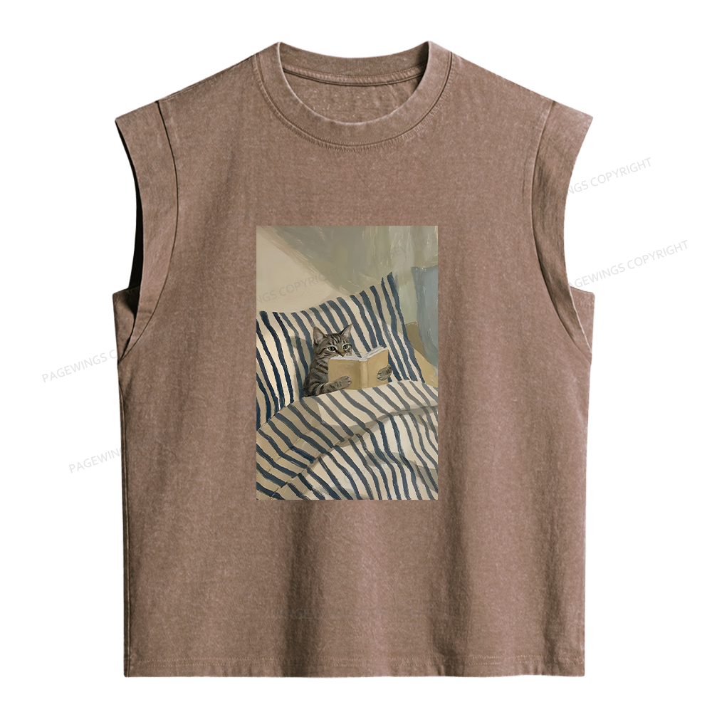 Pagewings Cat Reading Book In Bed Women's Washed Tank Top