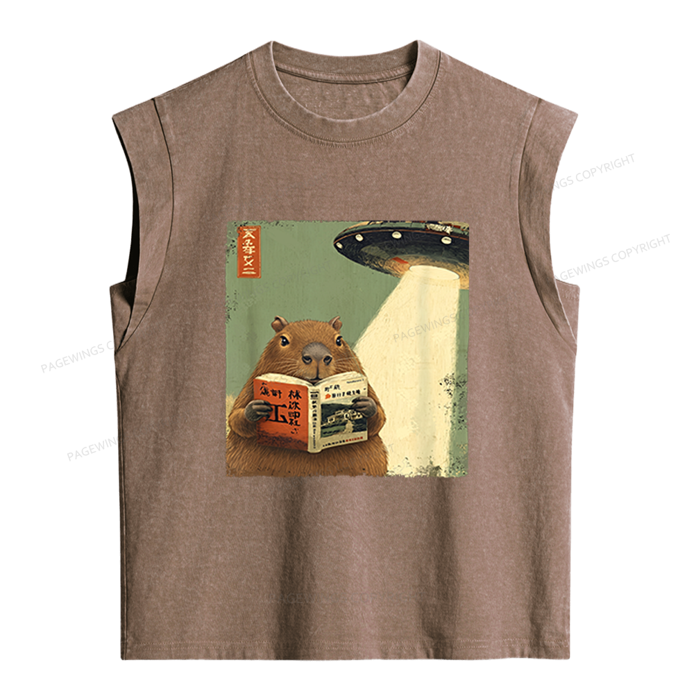 Pagewings Capybara Book Lovers Women's Washed Tank Top