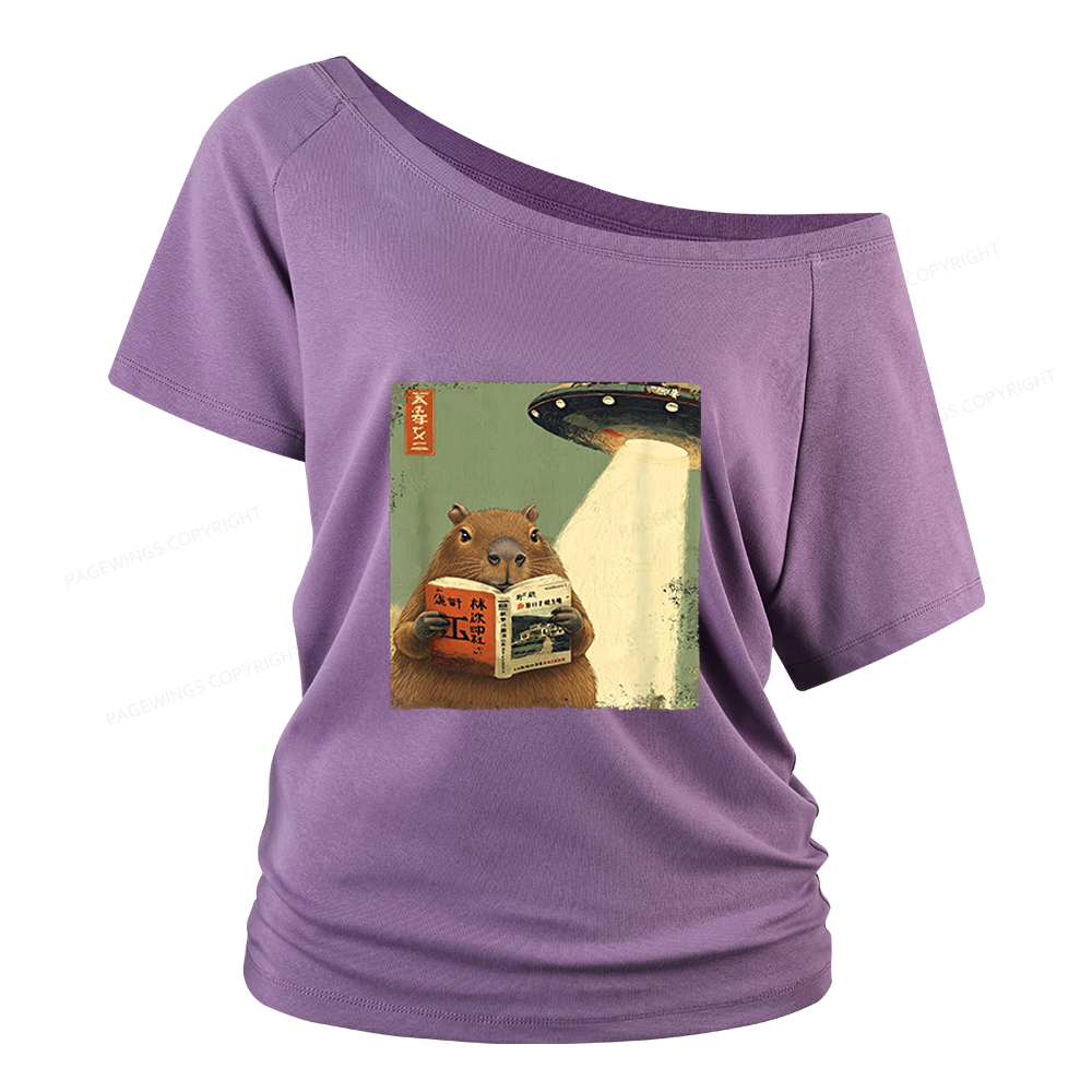 Pagewings Capybara Book Lovers Women Off Shoulder T-shirts
