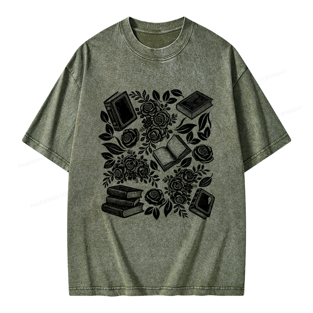 Pagewings Books and Flowers Unisex Washed T-shirt