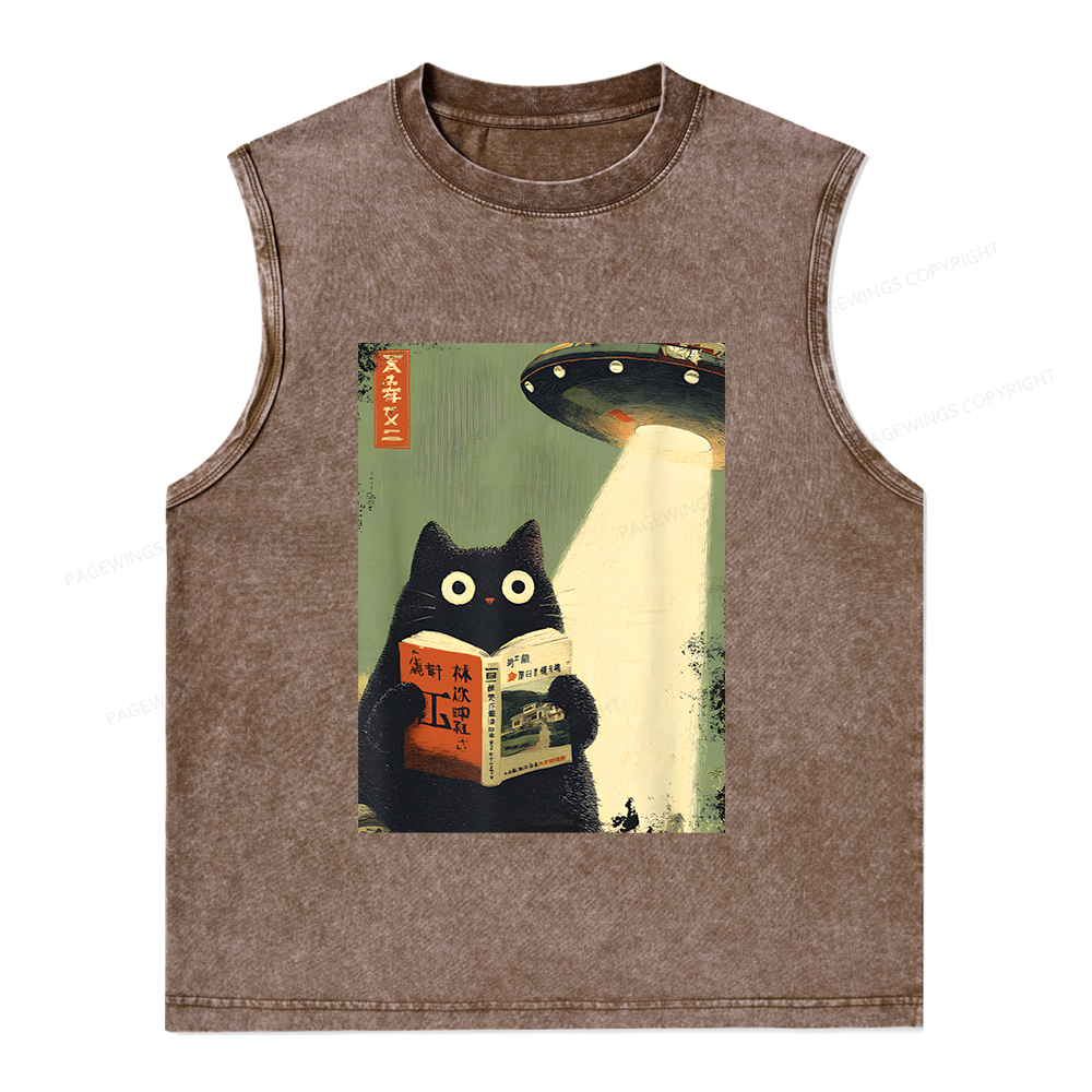 Pagewings Vintage Cat Book Lovers Unisex Washed Tank Top