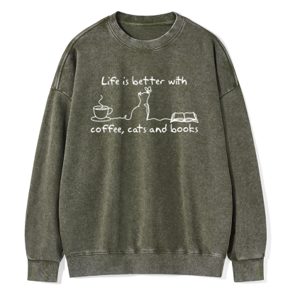 Pagewings Life Is Better With Coffee Cats And Books Unisex Washed Sweatshirt
