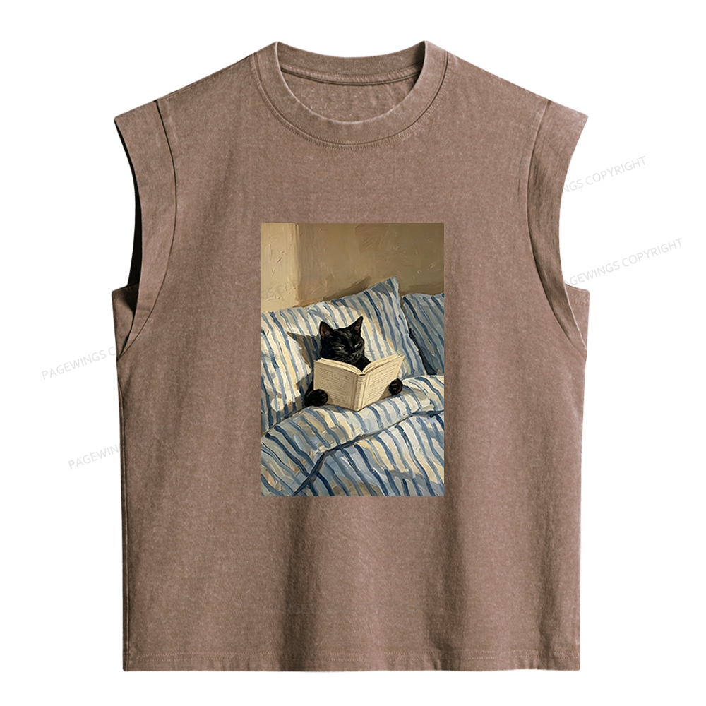 Pagewings Black Cat Reading in Bed Women's Washed Tank Top