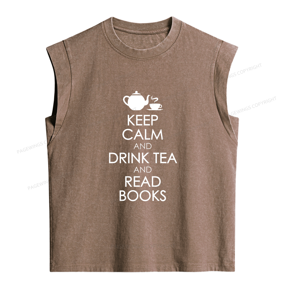 Pagewings Drink Tea Read Books Women's Washed Tank Top