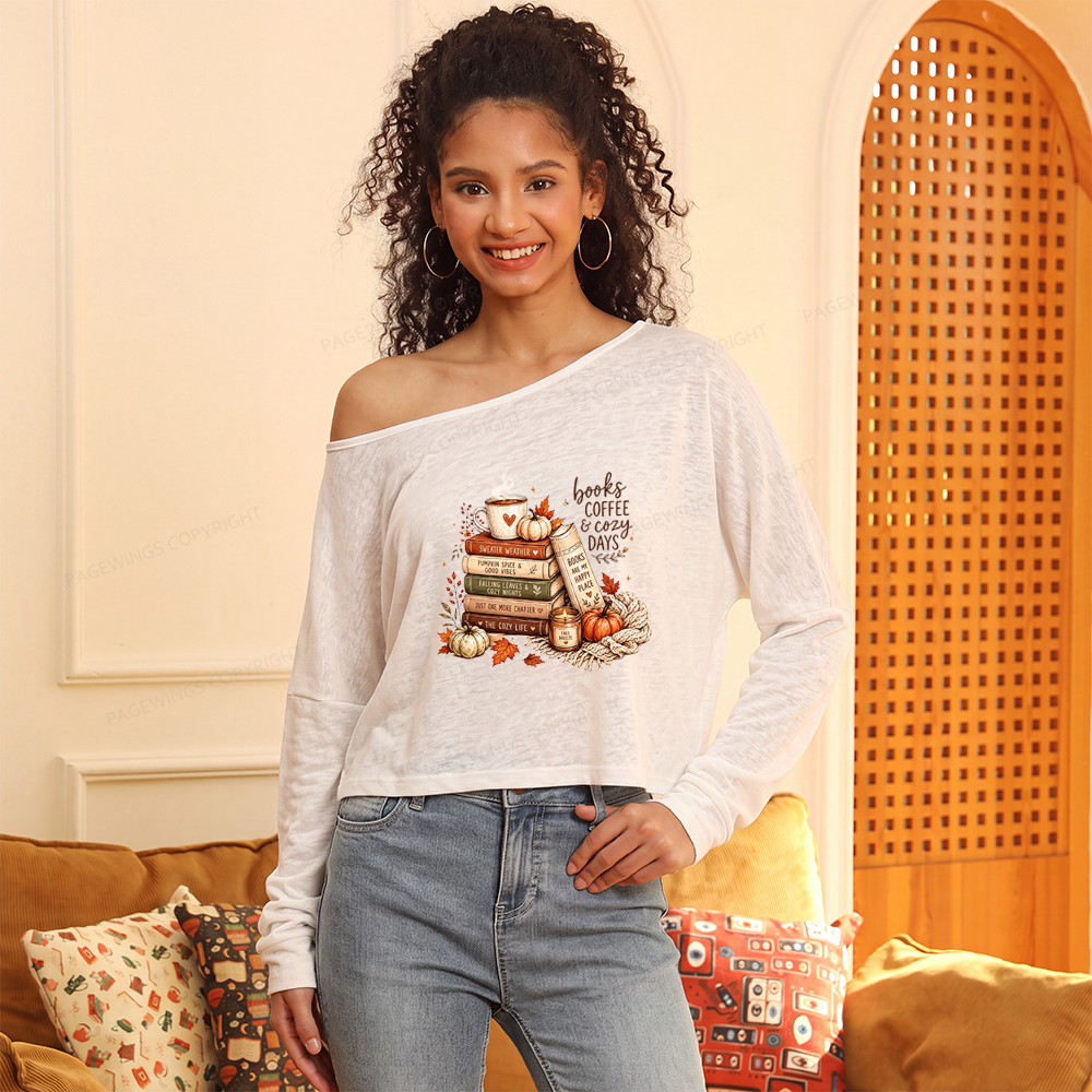 Pagewings Fall Bookish Slouchy Long Sleeve Off Shoulder T-shirt