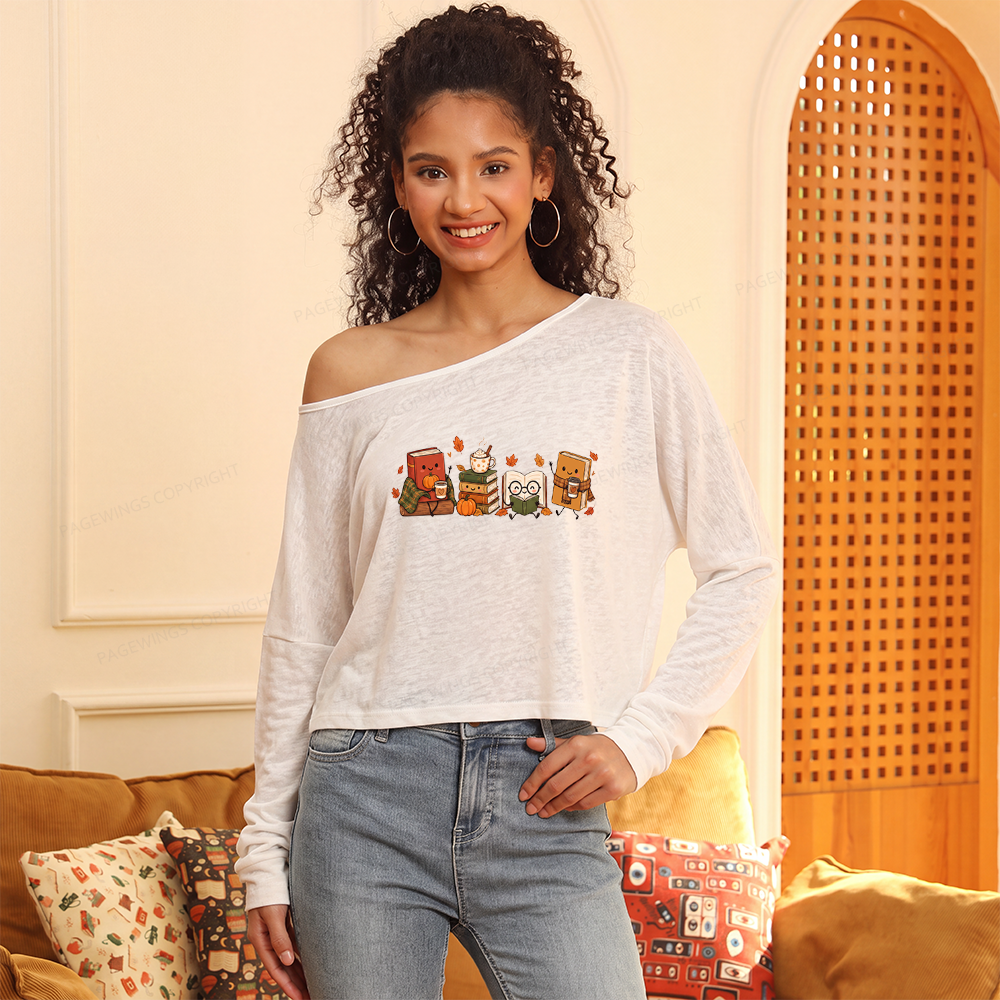 Pagewings Cozy Book Lover Slouchy Long Sleeve Off Shoulder T-shirt