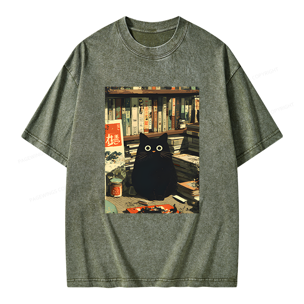 Pagewings Vintage Cat Book Lovers Unisex Washed T-shirt
