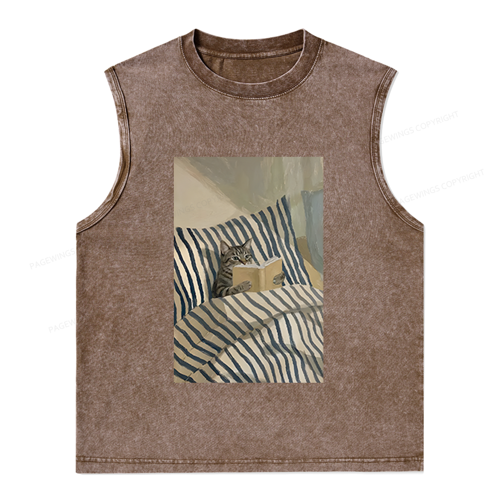 Pagewings Cat Reading Book Unisex Washed Tank Top